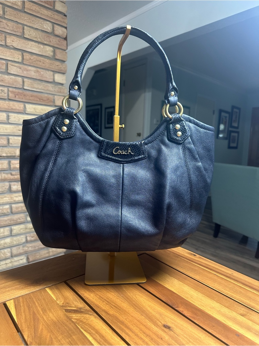 Coach Ashley Black Leather Shoulder Bag with Gold Hardware